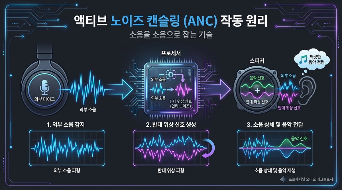ANC 노이즈캔슬링 작동 원리를 보여주는 인포그래픽. 외부 소음 파형과 역위상 파형이 만나 상쇄되는 과정을 시각화