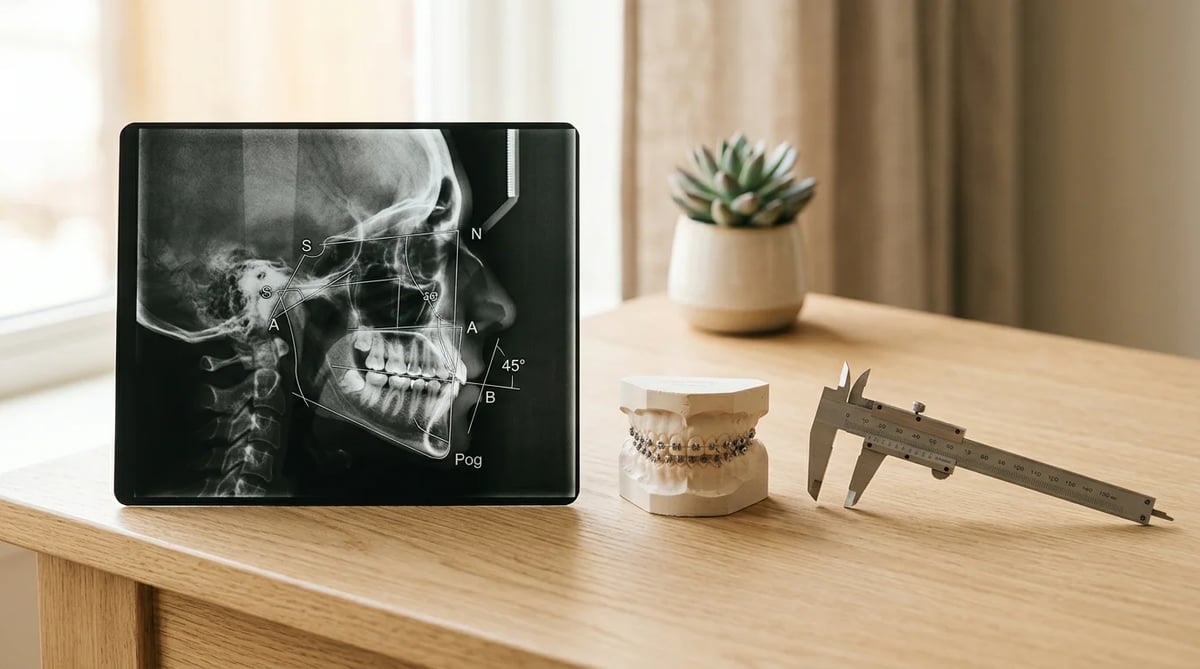 치아 교정 진단 과정을 상징하는 X-ray, 치아 모델, 계측 도구