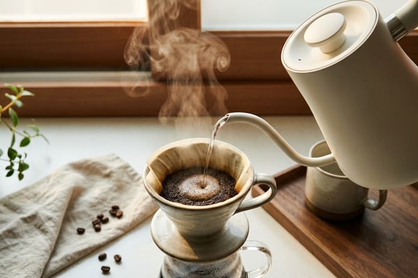 구스넥 전기 드립포트에서 커피 드리퍼에 물을 붓는 오버헤드 샷