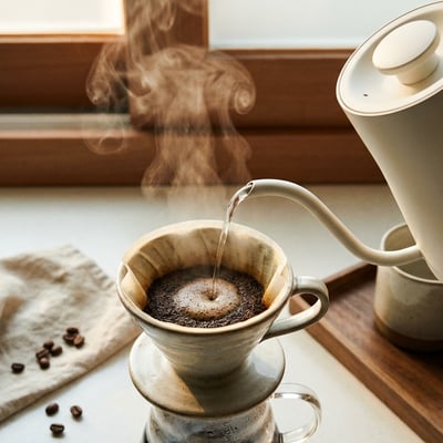 구스넥 전기 드립포트에서 커피 드리퍼에 물을 붓는 오버헤드 샷