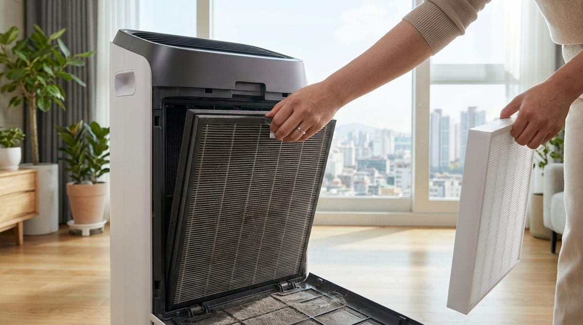 한국 아파트에서 공기청정기 HEPA 필터를 교체하는 모습, 사용한 필터와 새 필터의 색상 차이가 드러남