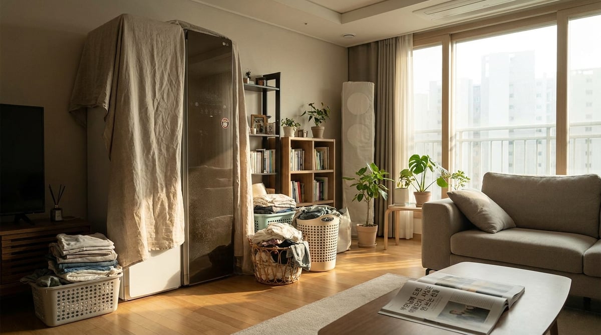 먼지 쌓인 의류관리기가 빨래 건조대로 쓰이는 아파트 거실, 선물로 피해야 할 가전 컨셉