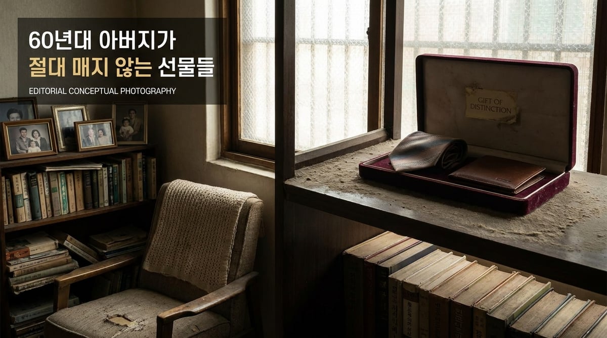 먼지 쌓인 넥타이와 지갑 세트가 서재 선반 위에 놓여있는 60대 아빠 선물 실패 컨셉