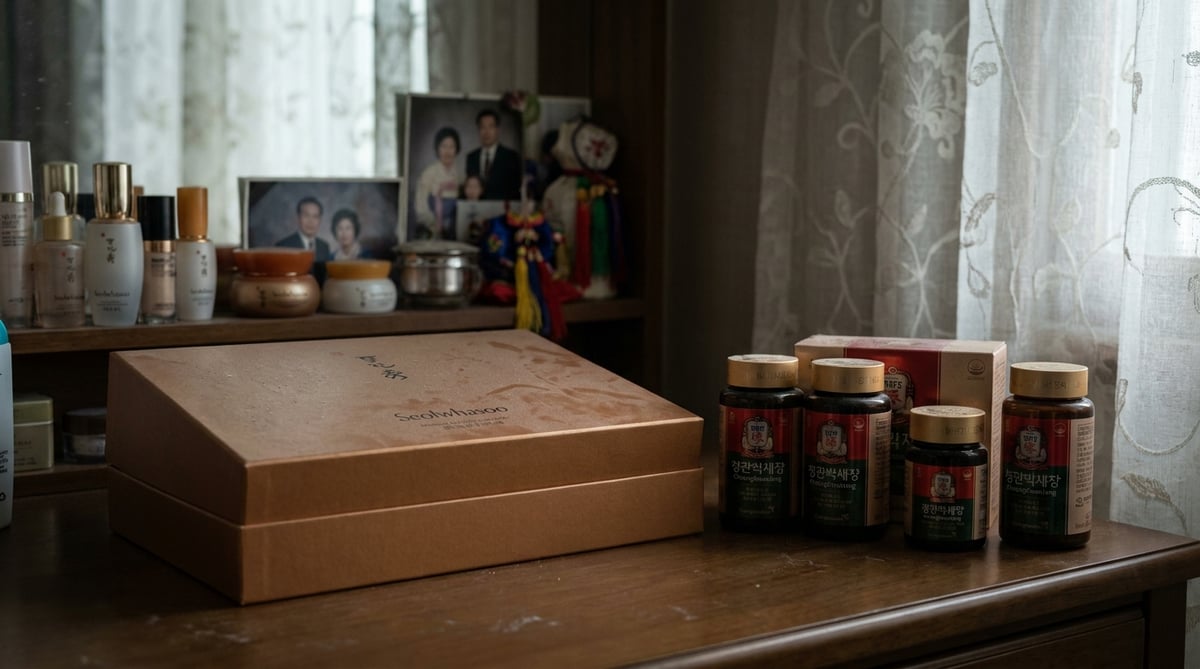 미개봉 화장품 세트와 건강식품이 화장대에 먼지 쌓인 채 놓여있는 60대 엄마 선물 실패 컨셉