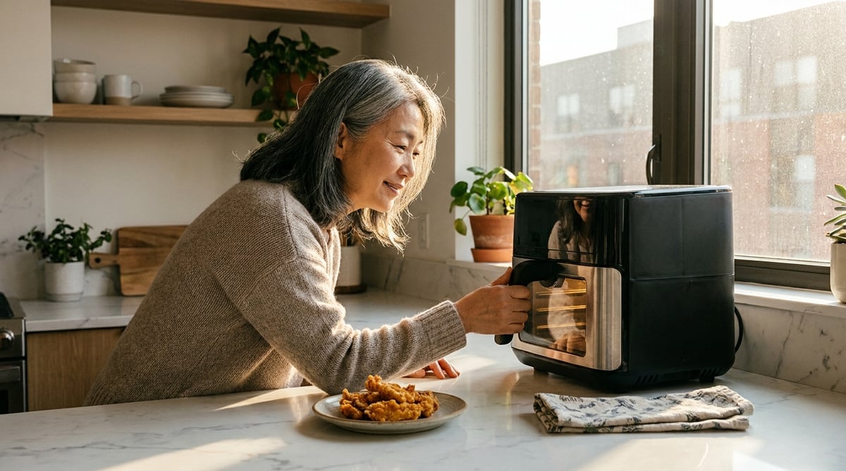 엄마가 에어프라이어 투명 유리창으로 조리 과정을 확인하는 주방 라이프스타일