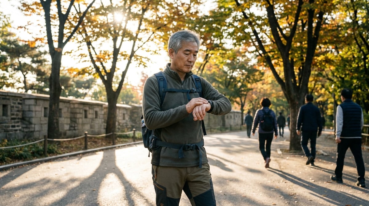 아침 산책 중 스마트워치를 확인하는 60대 한국 아빠의 라이프스타일