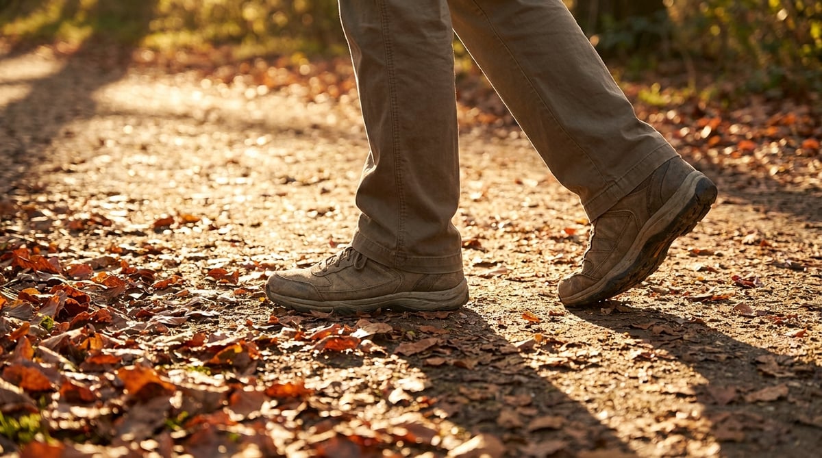 가을 공원 산책로를 걷는 60대 아빠의 운동화, 무릎·발목 관리