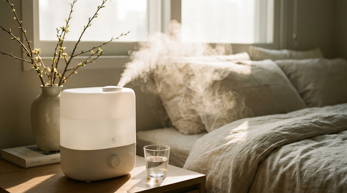 침실 사이드 테이블 위 4L 초음파 가습기에서 부드럽게 피어오르는 미스트