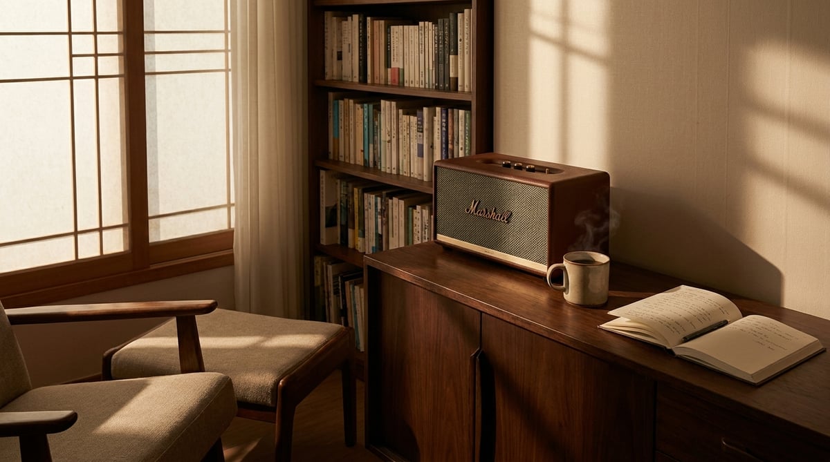 조용한 서재 사이드보드 위 마샬 스타일 블루투스 스피커, 60대 아빠의 혼자 시간