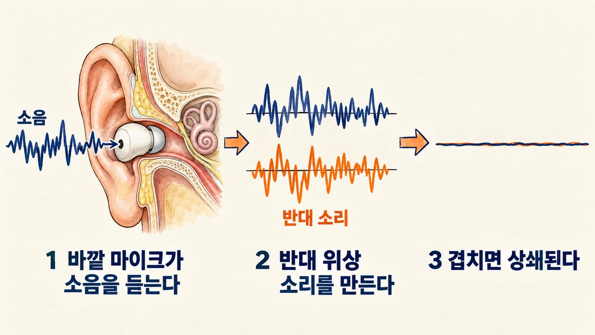 귀에 꽂힌 무선 이어폰의 바깥 마이크로 남색 소음 물결이 들어오고, 주황색 반대 위상 물결이 만들어져 둘이 겹치면 거의 평평한 선이 되는 3단계 핸드드로잉 설명도