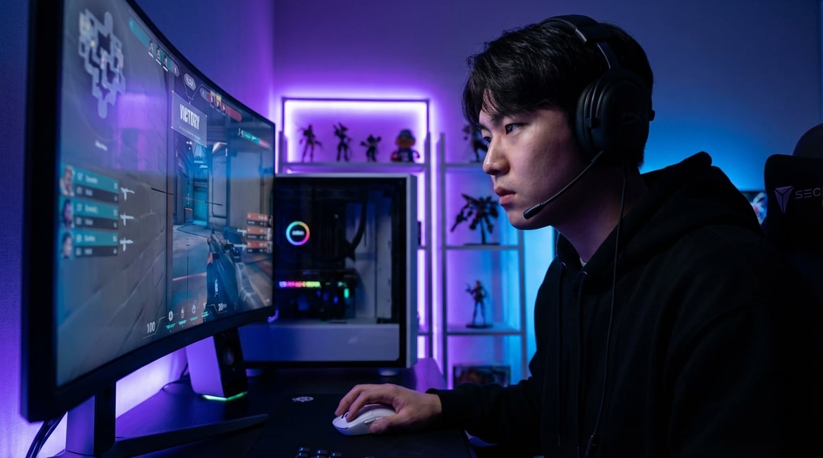 야간 게이밍 셋업에서 무선 마우스를 잡고 FPS 게임에 집중하는 한국인 게이머