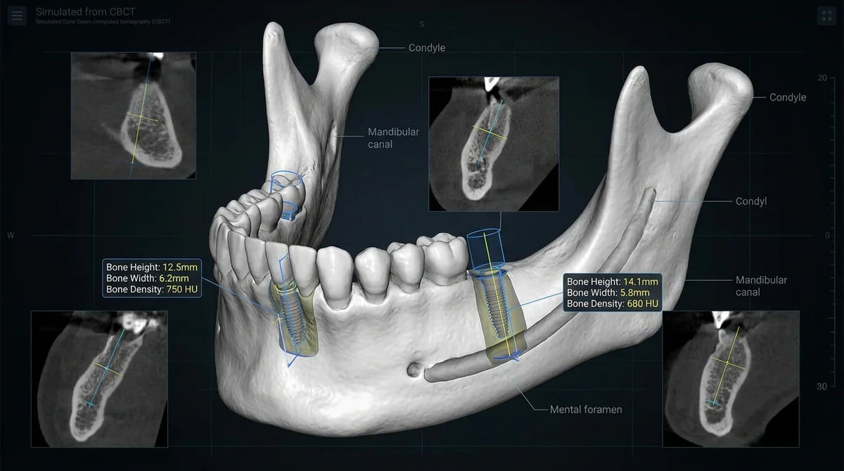 3D CT 이미지를 통해 임플란트 식립에 필요한 잇몸뼈의 높이와 폭을 정밀 측정하는 모습