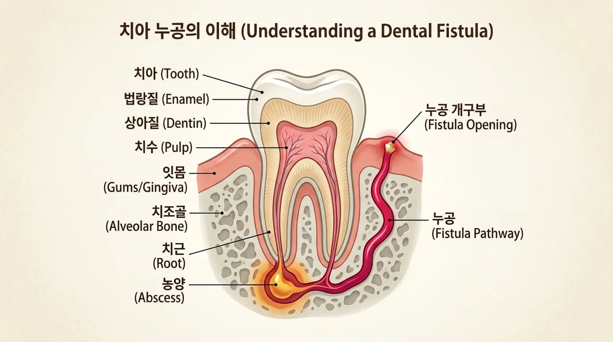 잇몸 속 염증이 뾰루지로 나타나는 누공 형성 과정을 보여주는 해부학적 도식.
