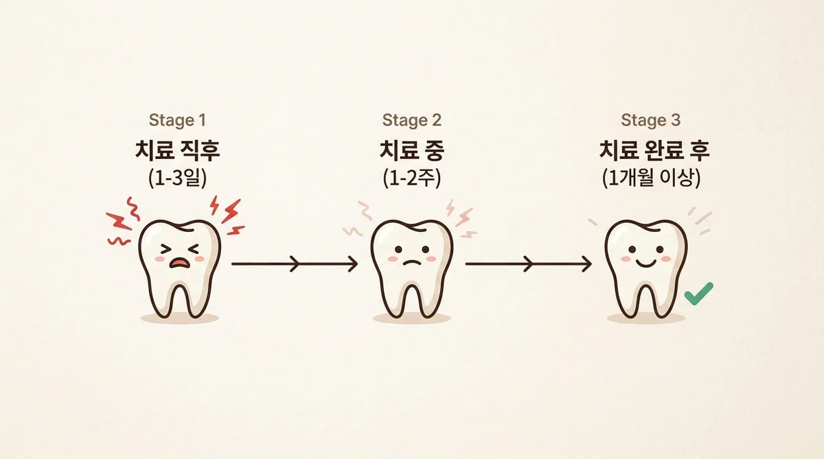신경치료 후 통증 기간과 양상을 보여주는 시기별 가이드 인포그래픽