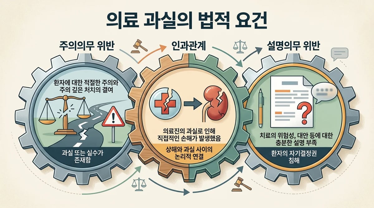 치과 의료과실을 판단하는 세 가지 법적 기준(주의의무 위반, 인과관계, 설명의무 위반)을 나타내는 인포그래픽.
