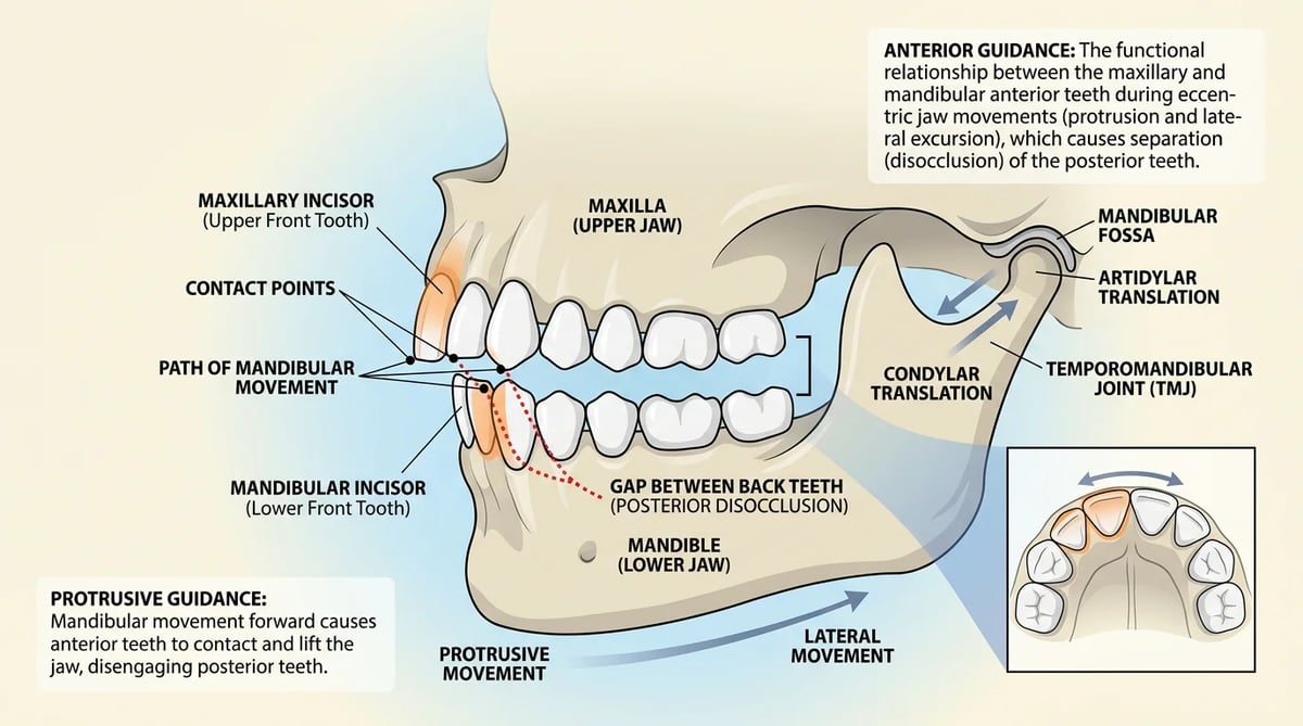 전치 유도(Anterior Guidance)를 설명하는 치아 교합 관계 다이어그램
