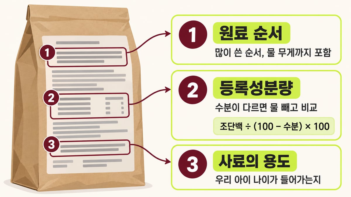 강아지 사료 포장 뒷면에서 볼 세 줄: 1 원료 순서(많이 쓴 순서, 물 무게까지 포함), 2 등록성분량(수분이 다르면 물 빼고 비교, 조단백 ÷ (100 − 수분) × 100), 3 사료의 용도(우리 아이 나이가 들어가는지)