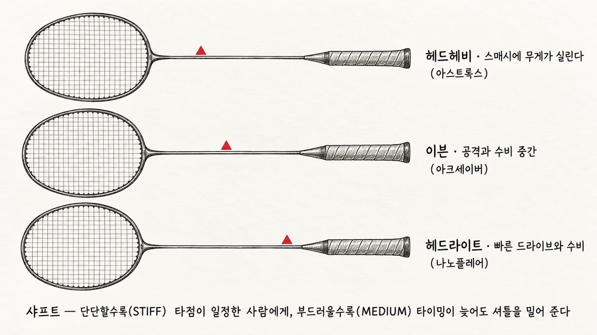 헤드헤비·이븐·헤드라이트 라켓 세 자루의 무게 중심을 빨간 삼각형으로 표시한 손그림 설명도