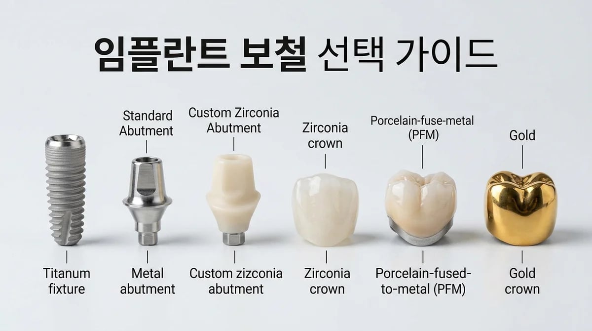 임플란트 보철물 재료 선택 가이드: 지르코니아, PFM, 골드 특성 비교