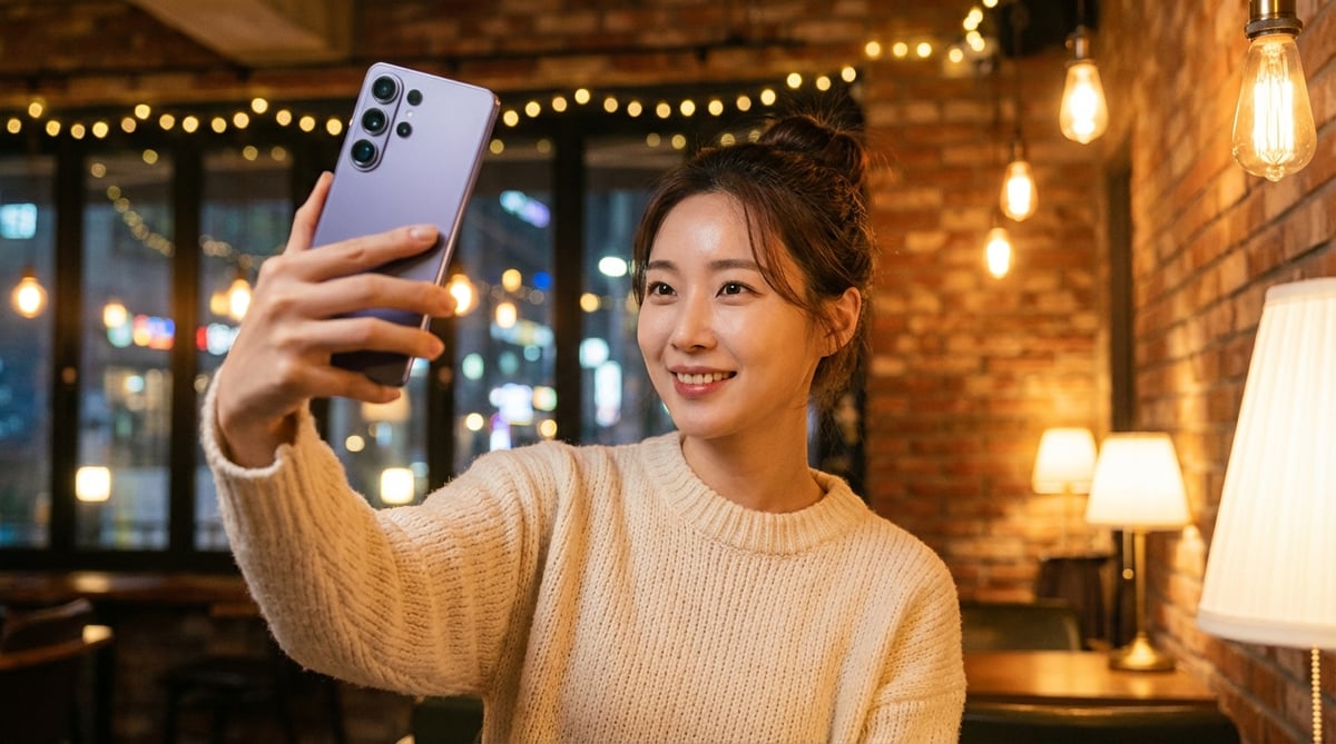 서울 카페에서 스마트폰으로 셀카를 찍는 한국인 여성, 따뜻한 조명과 보케가 있는 저녁 분위기