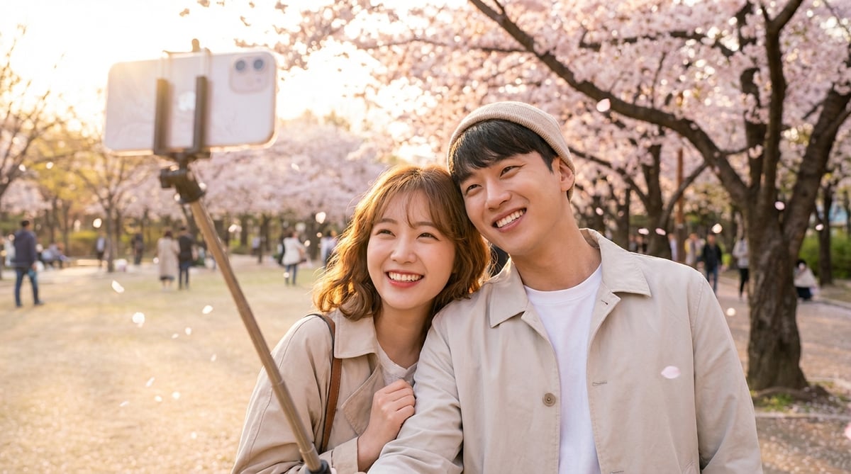 벚꽃 아래에서 셀카봉으로 사진 찍는 남녀 커플