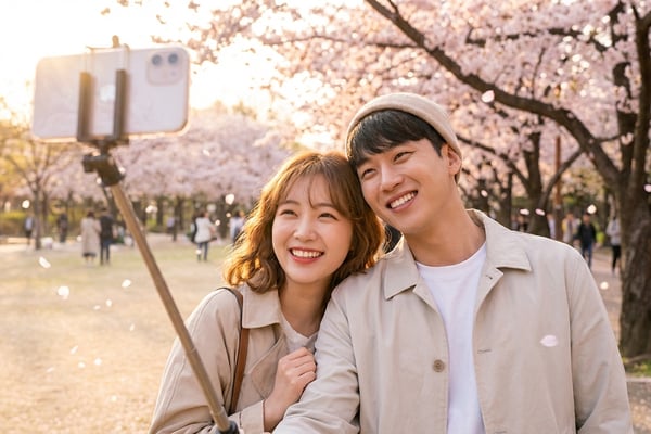 벚꽃 아래에서 셀카봉으로 사진 찍는 남녀 커플