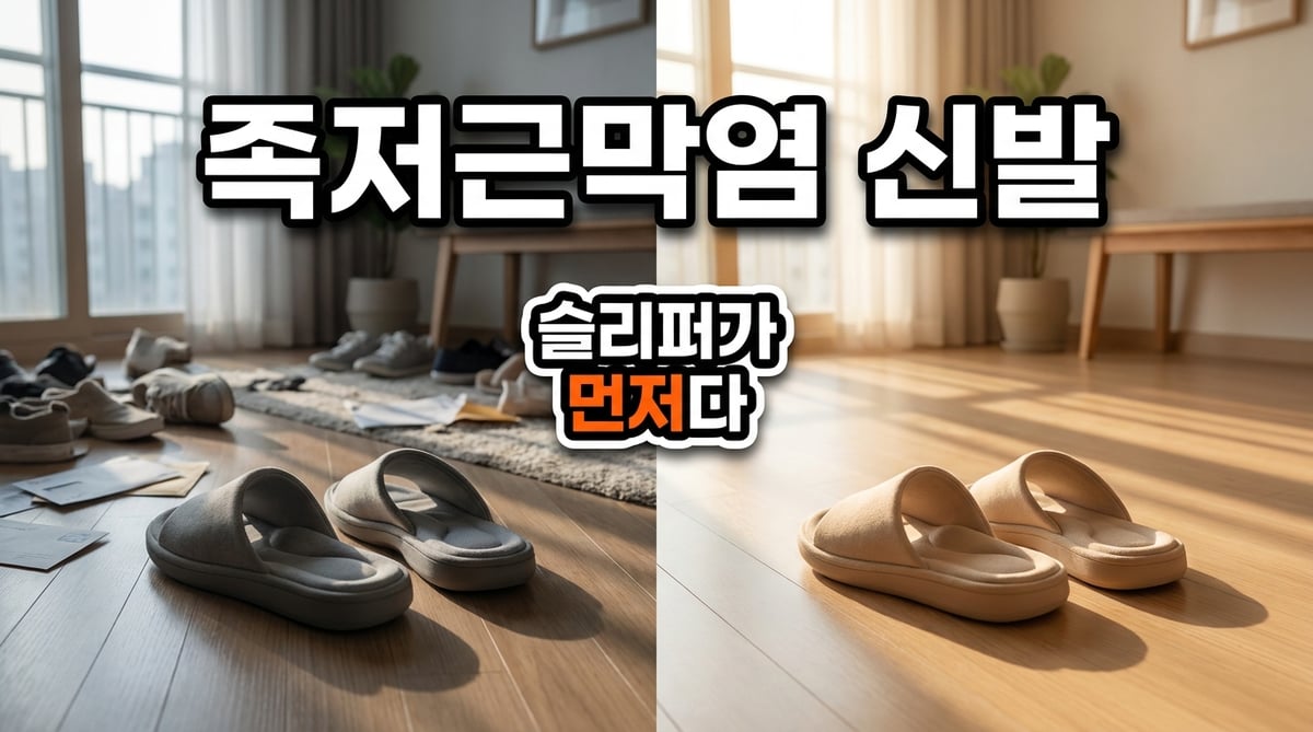족저근막염 신발 선택을 다룬 대표 이미지 — 아치가 보이는 기능성 실내 슬리퍼의 전후 비교