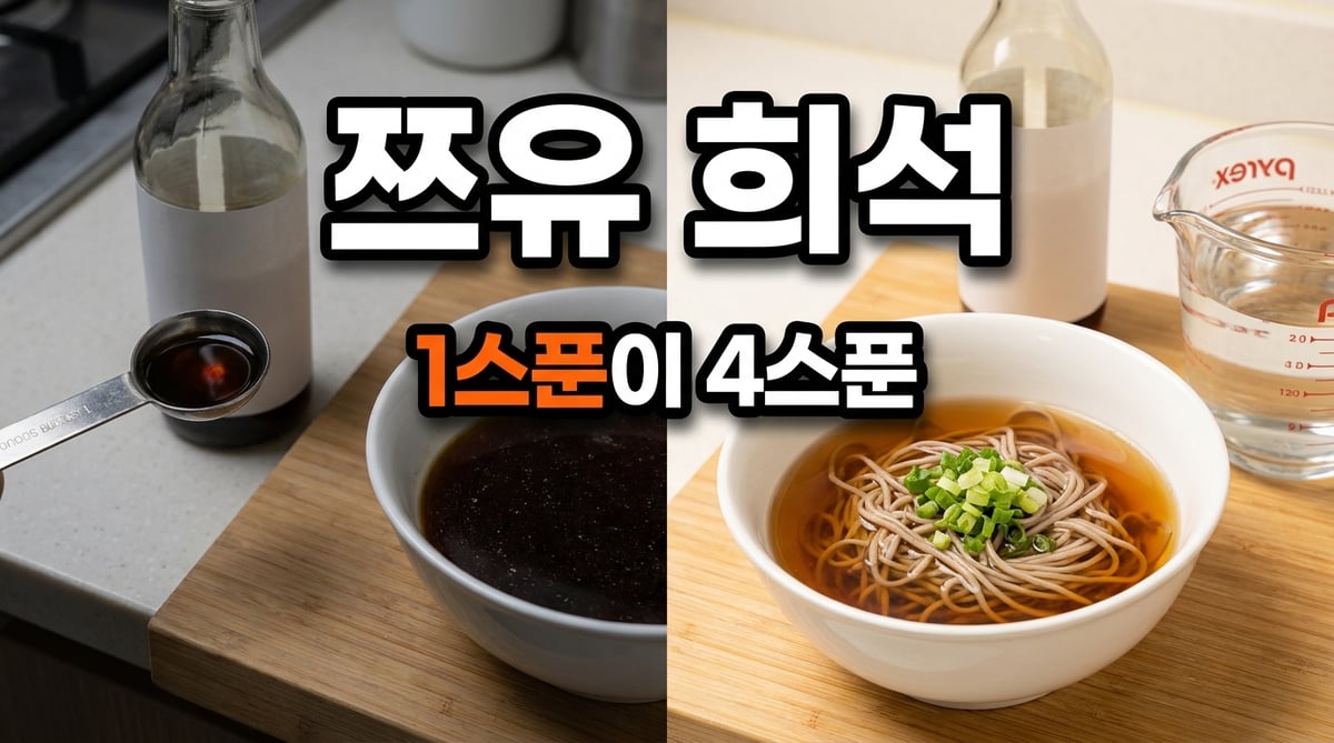 희석하지 않아 너무 진한 쯔유 국물과 제대로 희석해 맑게 완성된 소바 국물을 좌우로 비교한 썸네일