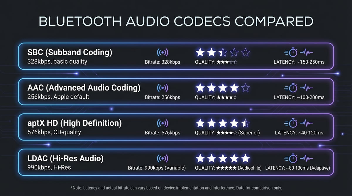 블루투스 오디오 코덱(SBC, AAC, aptX HD, LDAC)의 비트레이트, 음질, 지연 시간을 비교하는 어두운 테마의 인포그래픽.