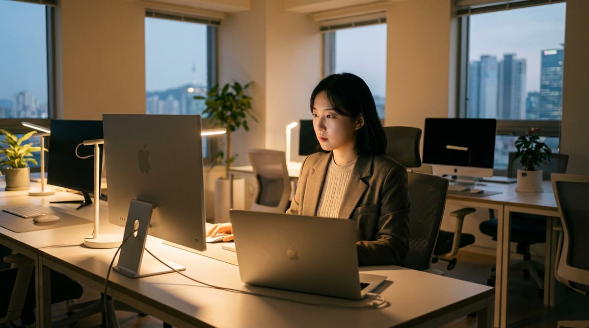 밝고 조용한 공유 오피스에서 흰색 무선 마우스를 사용하며 업무에 집중하는 한국인 여성 직장인