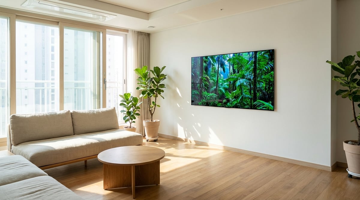 밝은 낮 거실에서 선명하게 자연 다큐멘터리를 보여주는 65인치 OLED TV