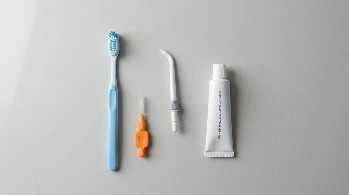 임플란트 관리에 필요한 칫솔, 치간칫솔, 워터픽 등 구강 위생 용품 구성