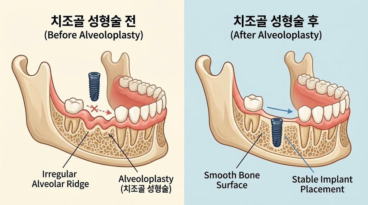 불규칙한 잇몸 뼈가 임플란트 식립에 미치는 영향을 보여주는 다이어그램