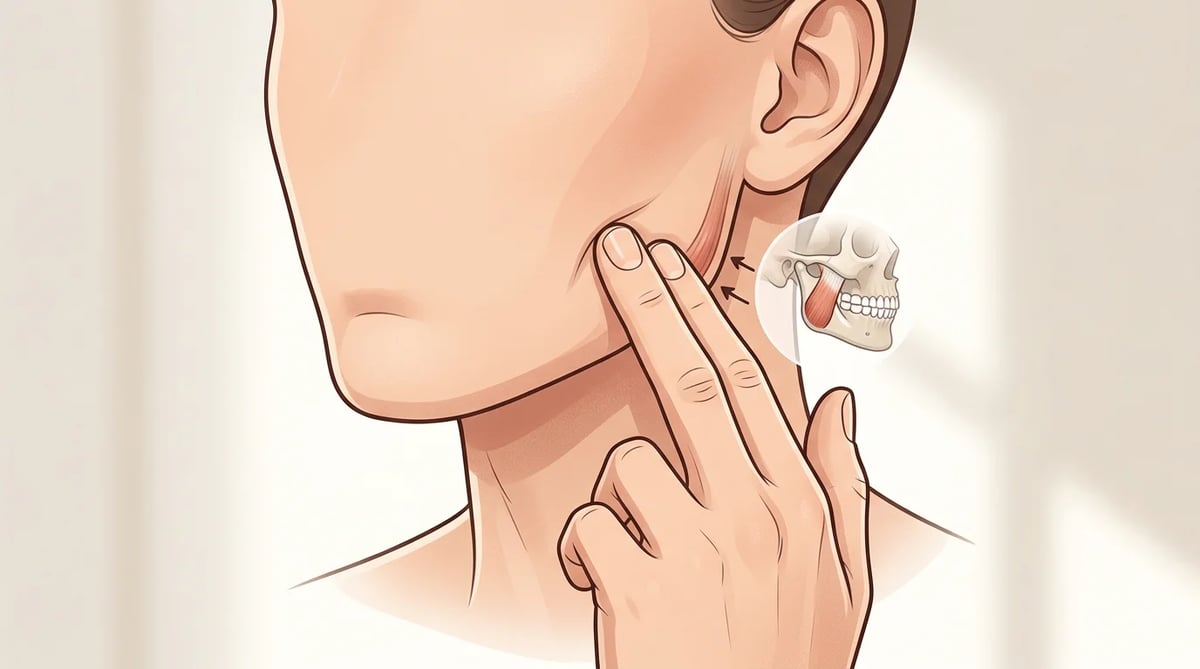 손으로 턱 근육을 만져보며 사각턱 여부를 자가진단하는 모습의 일러스트