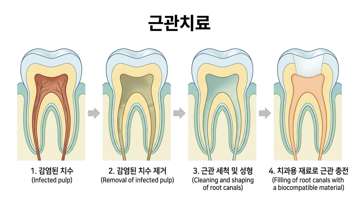 감염된 치아 신경을 치료하는 근관치료(신경치료)의 과정을 보여주는 도식.