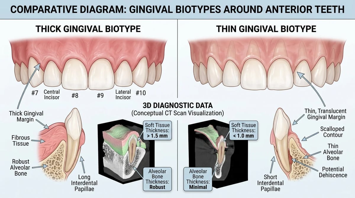 두꺼운 잇몸과 얇은 잇몸 생물형 분류 및 3D 진단 개념도