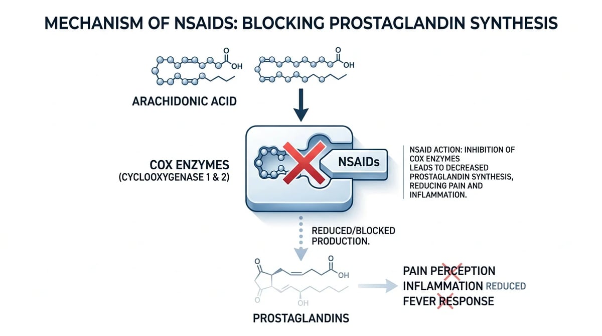 비스테로이드성 소염진통제(NSAIDs)가 사이클로옥시게나제(COX) 효소를 억제하여 통증과 염증을 줄이는 작용 원리 인포그래픽