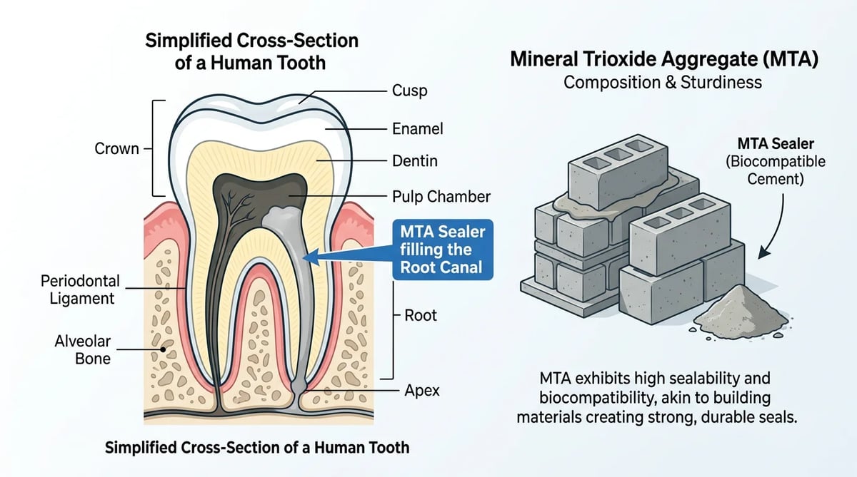 MTA 실러와 근관의 관계를 보여주는 치아 해부학적 도식