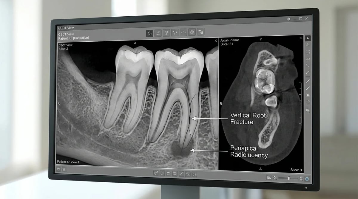 치근단 병소와 치근 상태를 보여주는 치과용 CBCT 이미지