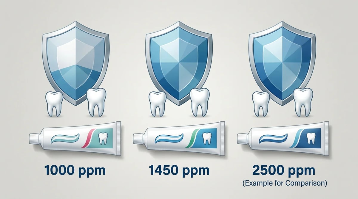 불소 농도(1000ppm, 1450ppm 이상)에 따른 충치 예방 효과의 차이를 시각적으로 비교한 인포그래픽