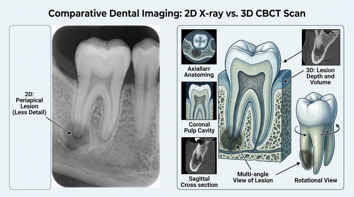 2D 파노라마 엑스레이와 3D 콘빔 CT(CBCT)의 진단 정보량 차이를 보여주는 비교 이미지