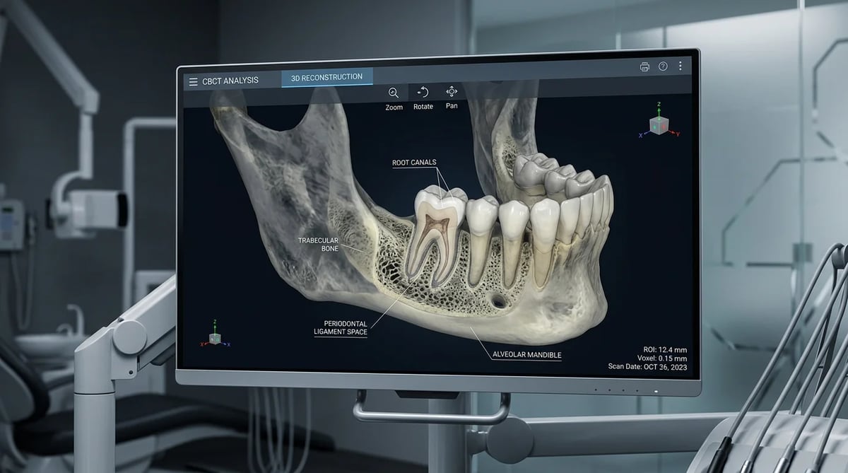 치과용 콘빔 CT(CBCT)로 치아와 주변 골조직을 3D로 정밀 진단하는 모습.