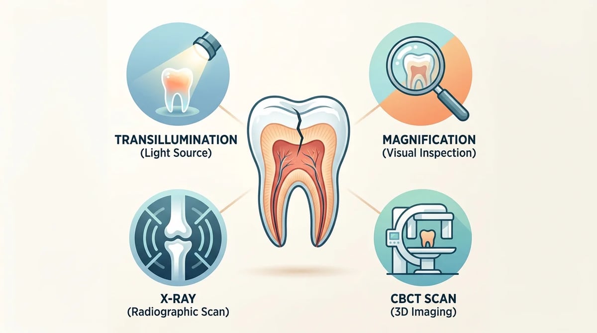 치아 균열 진단 방법을 나타내는 인포그래픽: 광투과, X-ray, CBCT 아이콘