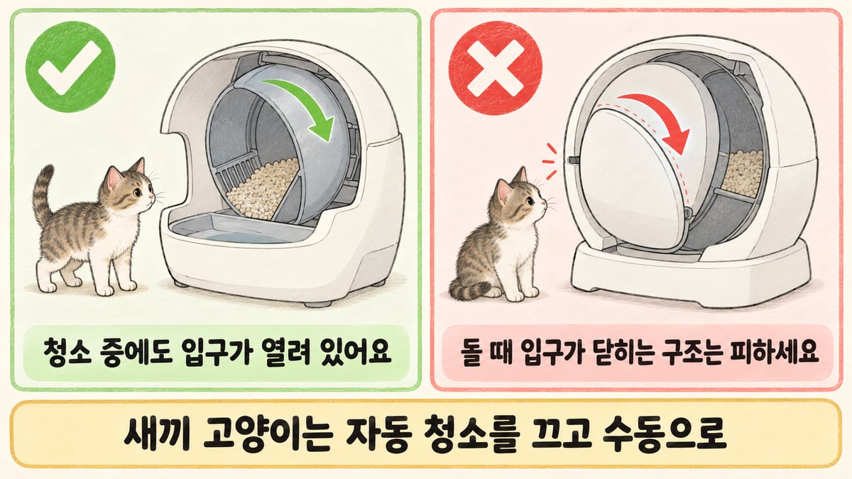 고양이 자동화장실 안전 구조 비교 그림: 청소 중에도 입구가 열려 있는 구조는 괜찮고, 돌 때 입구가 닫히는 구조는 피하세요, 새끼 고양이는 자동 청소를 끄고 수동으로