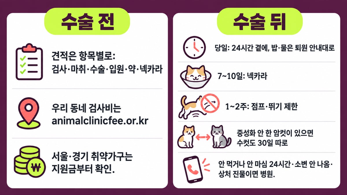 고양이 중성화 전후 체크리스트: 수술 전 견적은 항목별로(검사·마취·수술·입원·약·넥카라), 우리 동네 검사비는 animalclinicfee.or.kr, 서울·경기 취약가구는 지원금부터 확인 / 수술 뒤 당일 24시간 곁에·밥과 물은 퇴원 안내대로, 7~10일 넥카라, 1~2주 점프·뛰기 제한(기간은 병원 지시대로), 중성화 안 한 암컷이 있으면 수컷도 30일 따로, 24시간 넘게 안 먹거나 안 마심·소변 안 나옴·상처 진물이면 병원