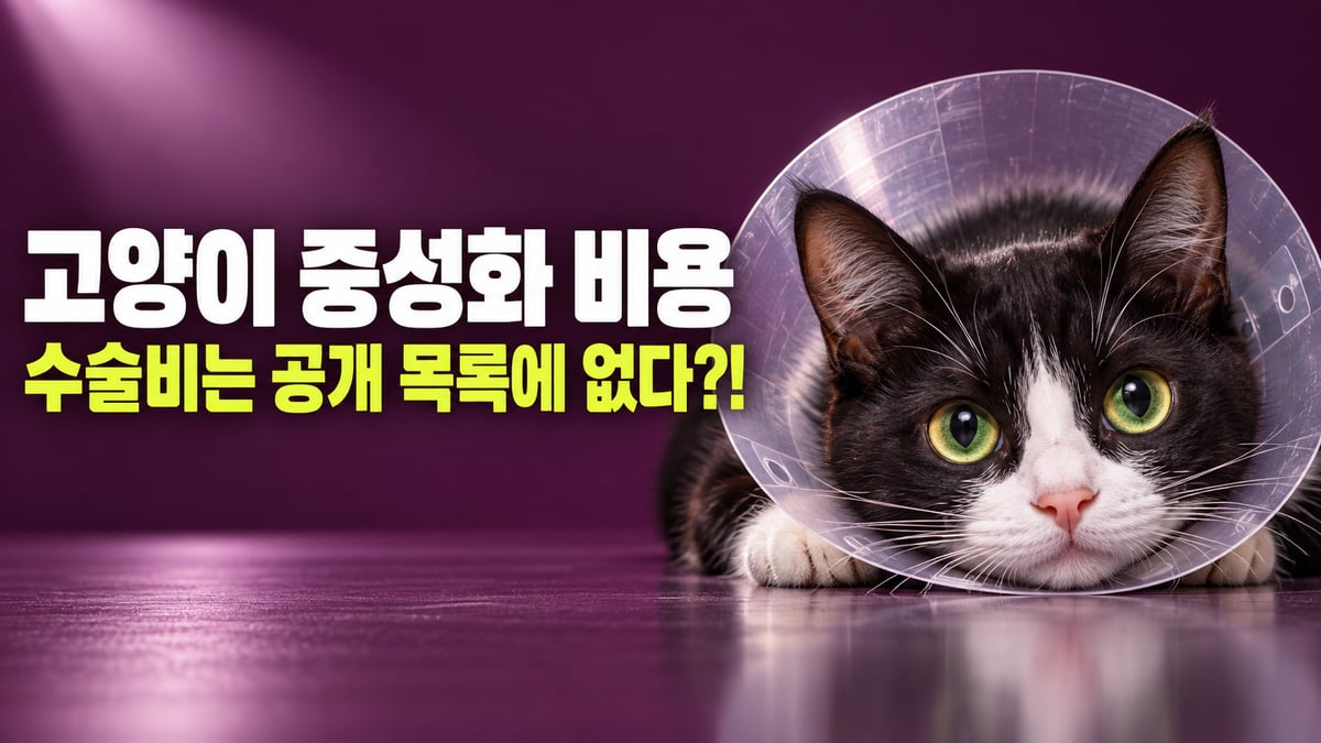 투명한 플라스틱 넥카라를 쓴 턱시도 고양이가 바닥에 엎드려 올려다보는 모습, 고양이 중성화 수술비는 공개 진료비 목록에 없다