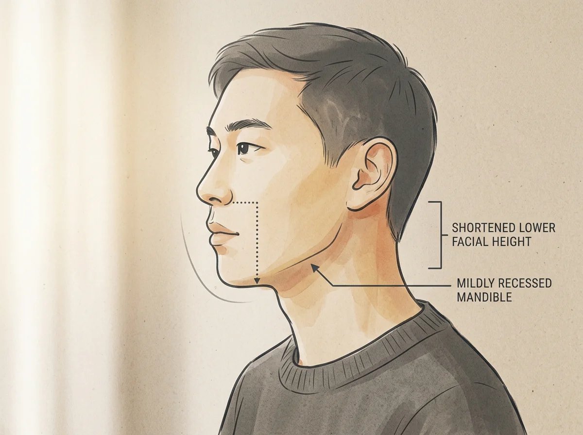 과개교합과 연관된 하관 비율 및 무턱 느낌을 나타내는 얼굴 측면 도식