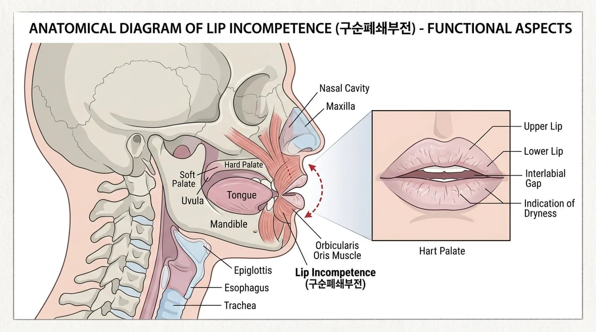 입술이 다물어지지 않는 구순폐쇄부전 해부학적 일러스트