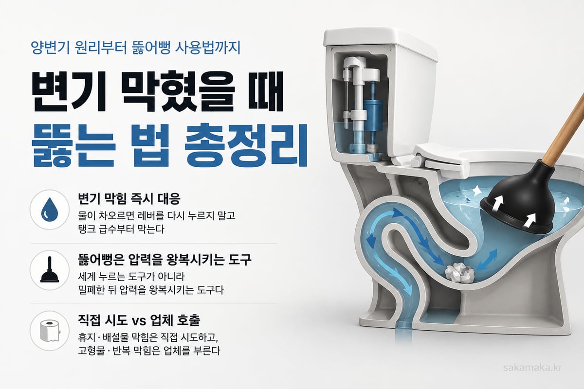 변기 막힘 원리와 뚫어뻥 사용법을 정리한 에디토리얼 인포그래픽
