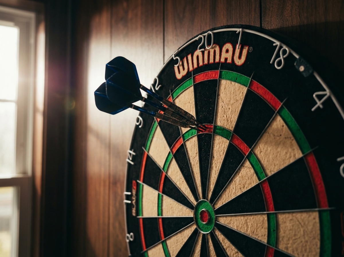 월넛 우드 패널 벽에 걸린 PDC 공인 사이잘 브리슬 보드와 트리플 20에 몰려 꽂힌 텅스텐 스틸팁 다트 세 개